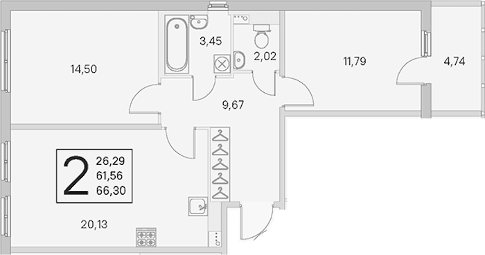 2-комнатная квартира 61.56 м², 3/4 эт., ЖК «Любоград в Стрельне»